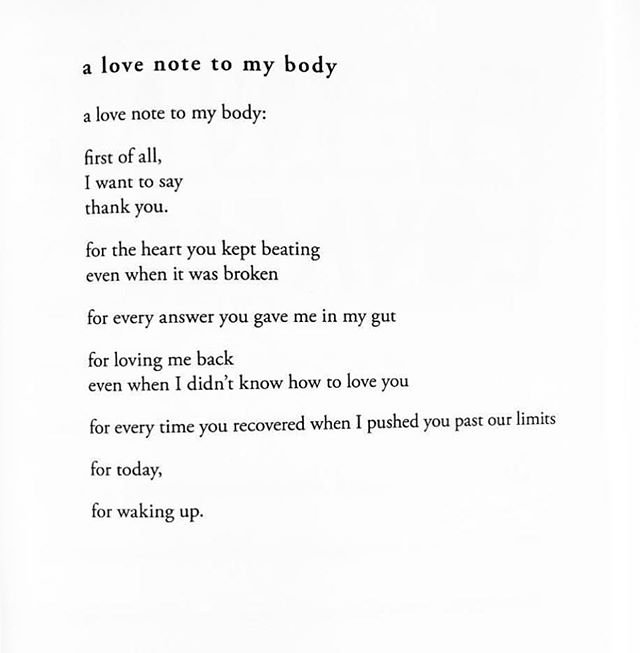 I’ve been feeling super frustrated with my body lately and this poem by @cleowade completely transformed my perspective. Love the skin you are in, even when if feels like it’s failing you...it’s not. #grateful #selflove #selfcare #positivevibes #happyfriday #healthcoach #registereddietitian #dietitian #beallgreat